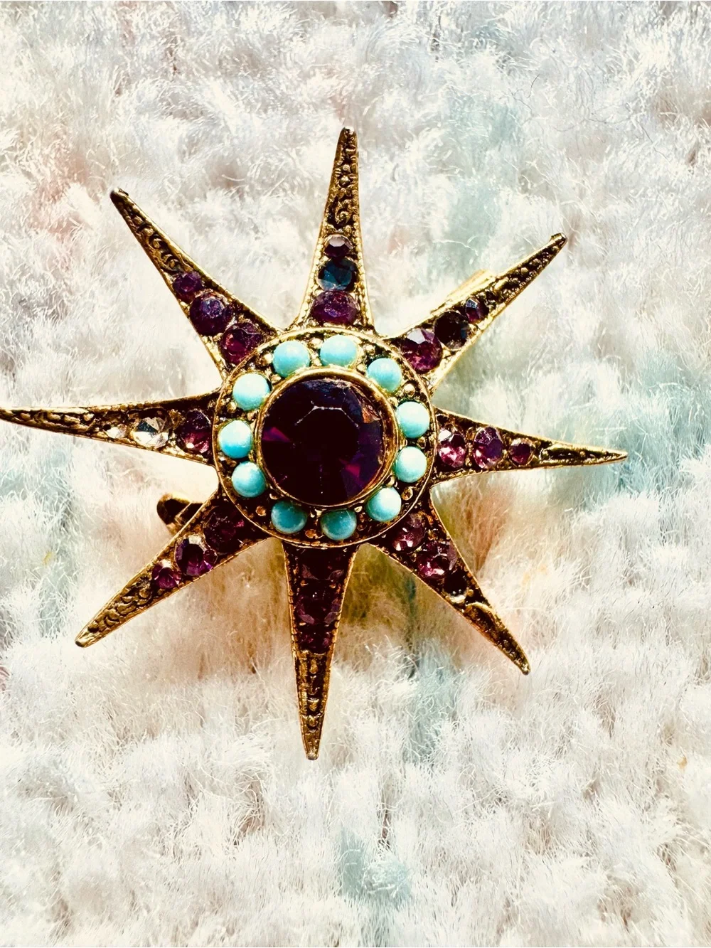 Amethyst & Turqiouse Vintage Starburst Brooch Pin